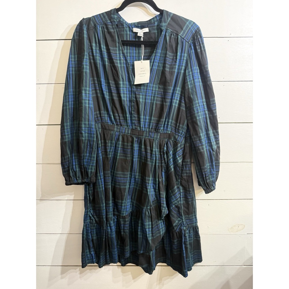 Free Assembly Mix Layer Ruffle Mini Dress Long Sleeve Plaid Green/Blue LARGE NWT